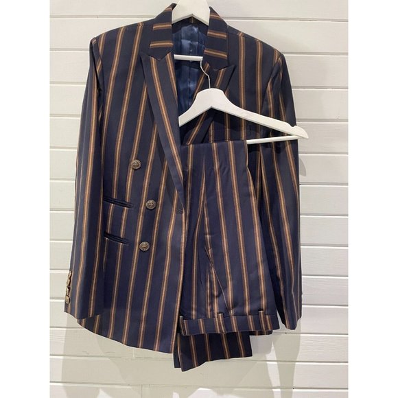 Raymond Shop Ibrahim & Sons Men's navy gold strip Suit(36) pants(33") custom S/M - Picture 1 of 16